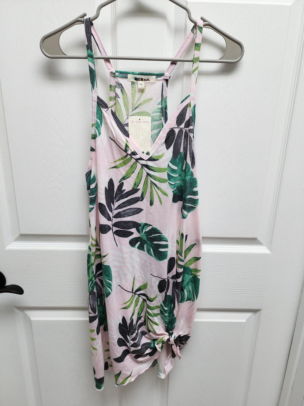 Women’s Pink Tropical Tank Top with Green Leaf Print -